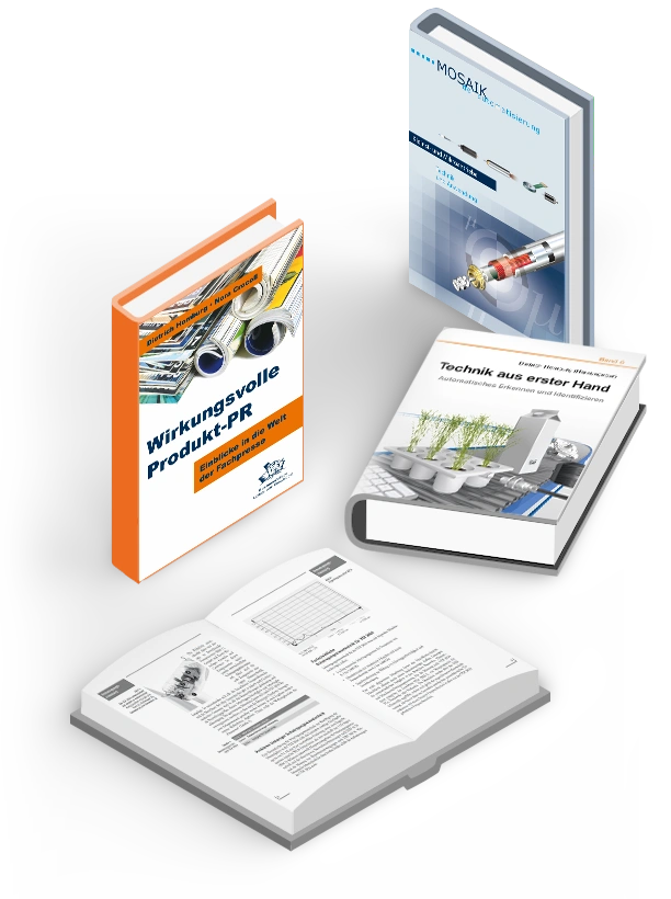 Verschiedene Fachbücher. Die Themen sind: Produkt-PR, Antriebstechnik, Weg- und Winkelmessung und Sensorik