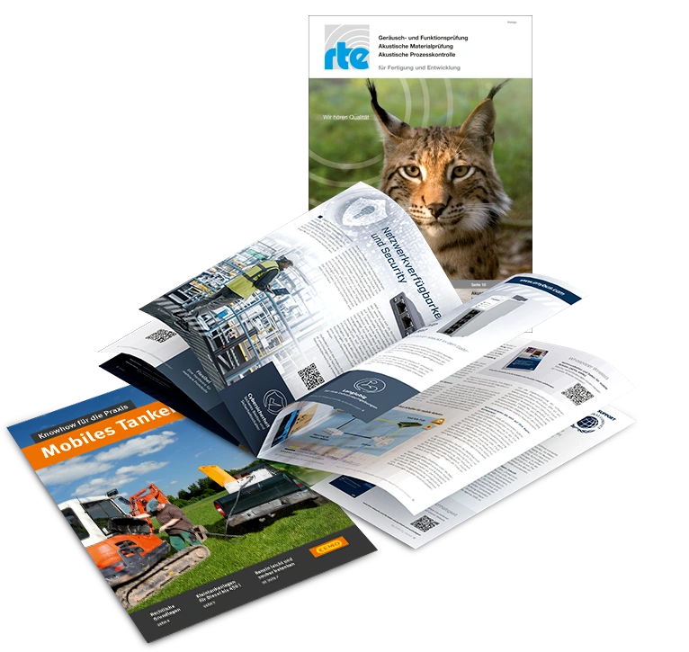 Drei aufgeschlagene Kundenmagazine. Die Theme sind: Mobile Tanktechnik, Prüftechnik und Netzwerktechnik.