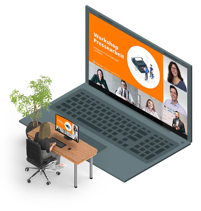 Eine Frau sitzt vor einem übergroßen Laptop und nimmt an einem Online-Workshop des Redaktionsbür Stutensee teil.