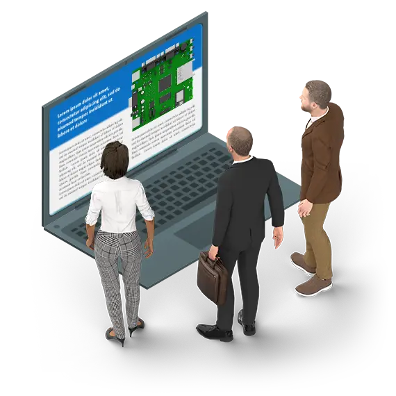 Drei Menschen lesen auf einem Übergroßen Laptop interessante technische Informationen