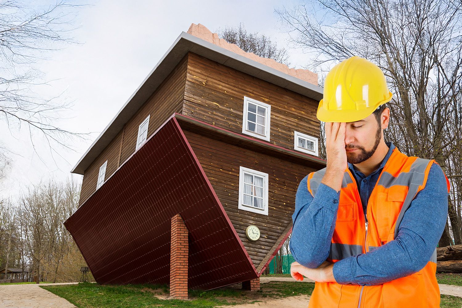 Verzweifelter Bauarbeiter steht vor einem Haus, das auf dem Kopf steht.