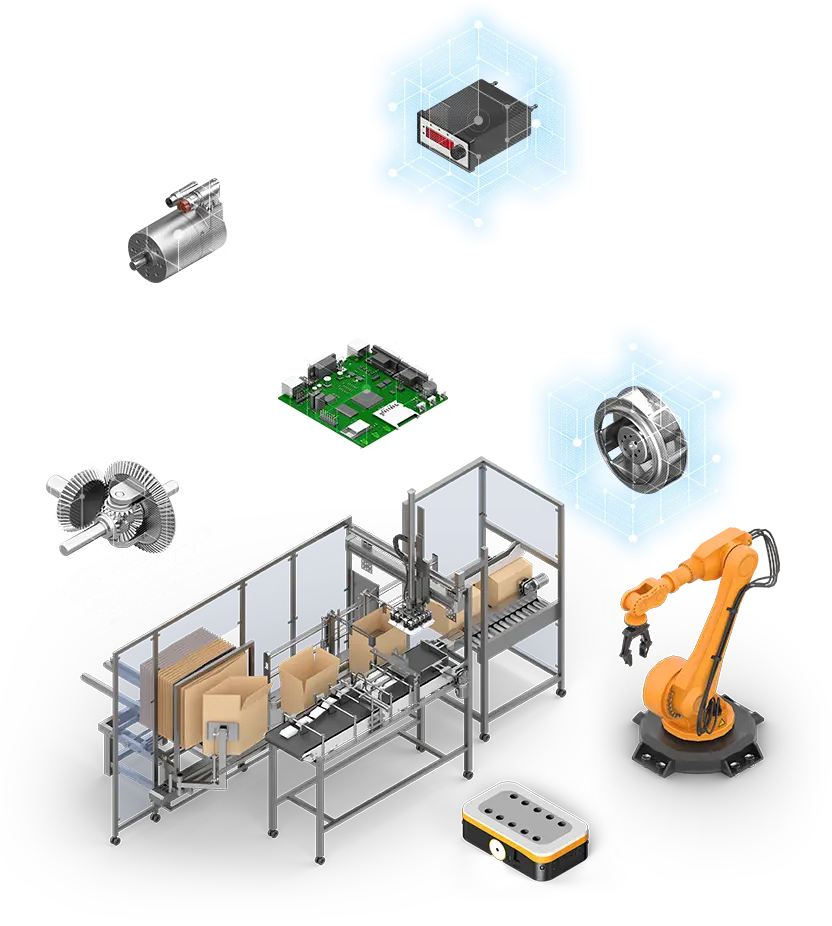 Verschiendene technische Produkte schweben im Raum: Motor, Lüfter, Steuerung, Sensor, Getriebe, Roboter, FTS